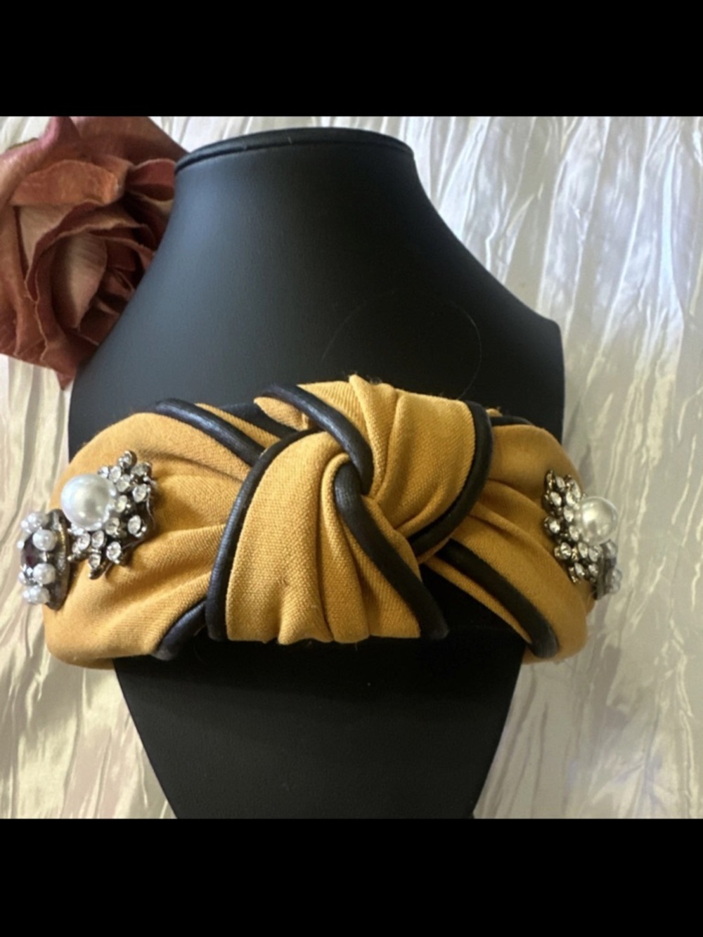 Mustard Yellow Knotted Headband with Pearl & Crystal Accents